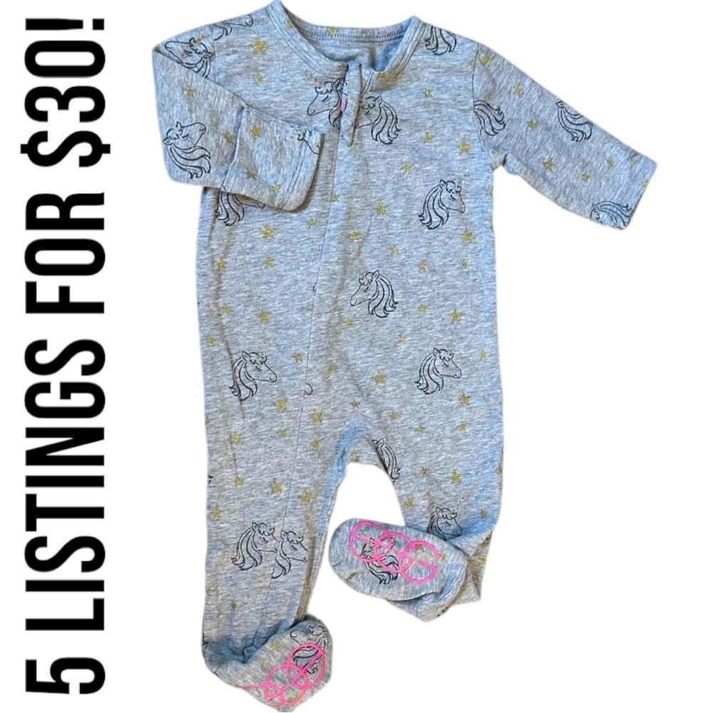 Boutique Baby Girl Zip Footies Gray Unicorn Kids One Piece Sleep and Play 3-6M